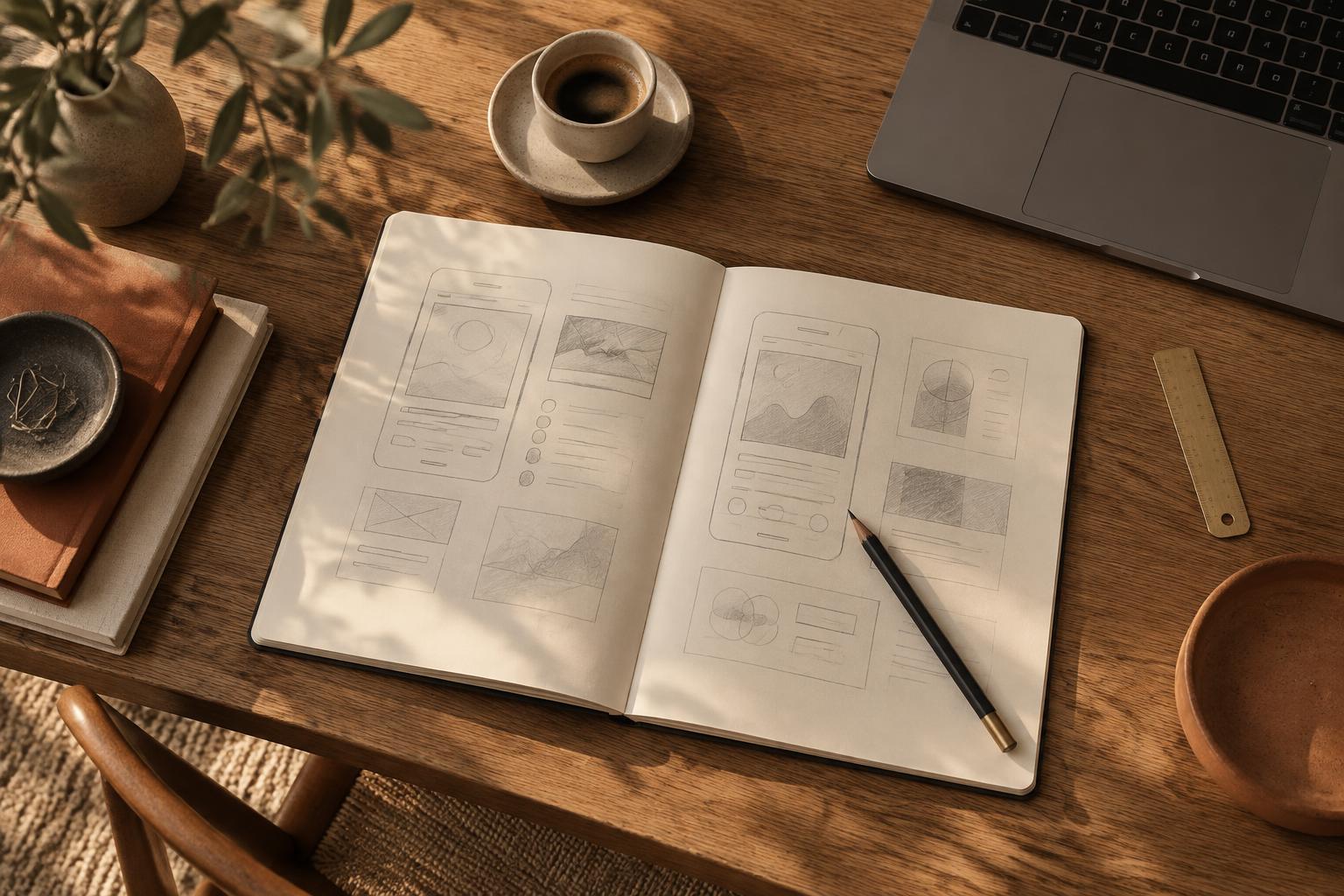 A warm studio desk with an open sketchbook of app ideas